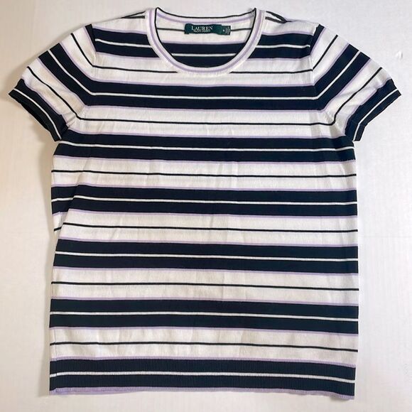 Ralph Lauren Women’s Purple and Black Striped Short Sleeve Sweater Preppy Size M - Picture 1 of 8